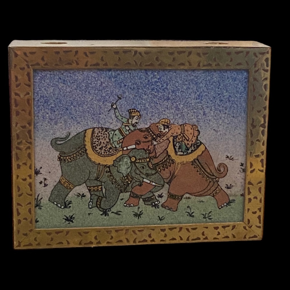 Vintage Indian artwork, wood & brass, pen & notepad holder